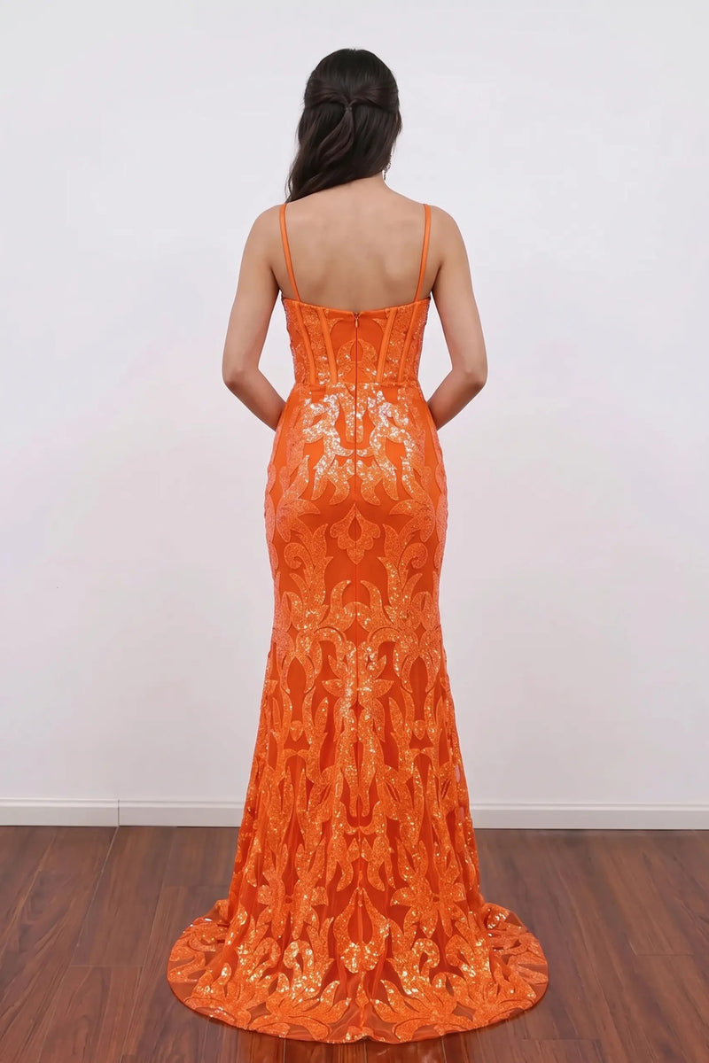 Sparkly Sequin Orange Corset Sequins Long Prom Dress with Slit-Pgmdress