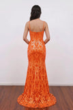 Sparkly Sequin Orange Corset Sequins Long Prom Dress with Slit-Pgmdress