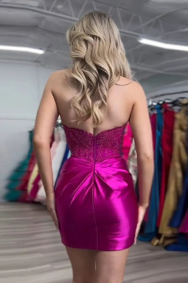 Sparkly Strapless Beaded Appliques Fuchsia Homecoming Dress PD548-Pgmdress