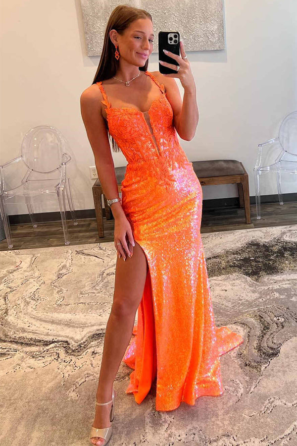 Sparkly Straps Orange Sequin Long Prom Dress with Appliques PSK708-Pgmdress