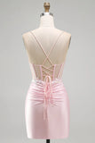 Sparkly Tight Sequin Pink Satin Short Corset Homecoming Dress with Slit-Pgmdress