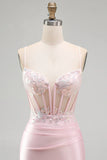 Sparkly Tight Sequin Pink Satin Short Corset Homecoming Dress with Slit-Pgmdress