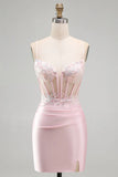Sparkly Tight Sequin Pink Satin Short Corset Homecoming Dress with Slit-Pgmdress