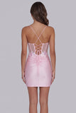 Sparkly Tight Sequin Pink Satin Short Corset Homecoming Dress with Slit-Pgmdress