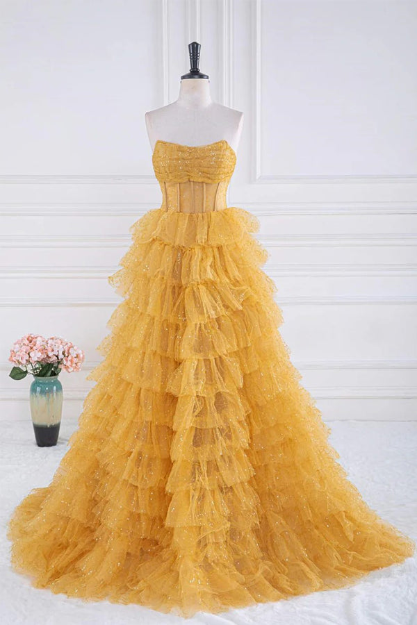 Sparkly Tulle Tiered Ruffles Gold Prom Dress Strapless Evening Dress PSK569-Pgmdress