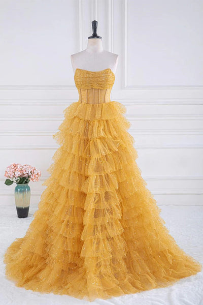 Sparkly Tulle Tiered Ruffles Gold Prom Dress Strapless Evening Dress US6 / Gold Sparkly Tulle Tiered Ruffles Gold Prom Dress Strapless Evening Dress US6 / Gold