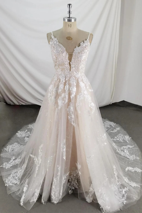 Sparkly V Neck Lace Wedding Dress Bridal Gown With Court Train-Pgmdress