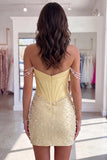 Sparkly Yellow Off the Shoulder Corset Homecoming Dress with Pearls-Pgmdress