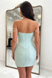 Sparkly Yellow Off the Shoulder Corset Homecoming Dress with Pearls-Pgmdress