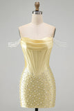 Sparkly Yellow Off the Shoulder Corset Homecoming Dress with Pearls-Pgmdress