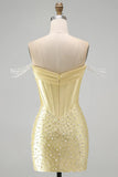 Sparkly Yellow Off the Shoulder Corset Homecoming Dress with Pearls-Pgmdress
