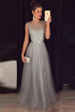 Sparkly A Line Scoop Open Back Grey Beaded Long Prom Dress PG732