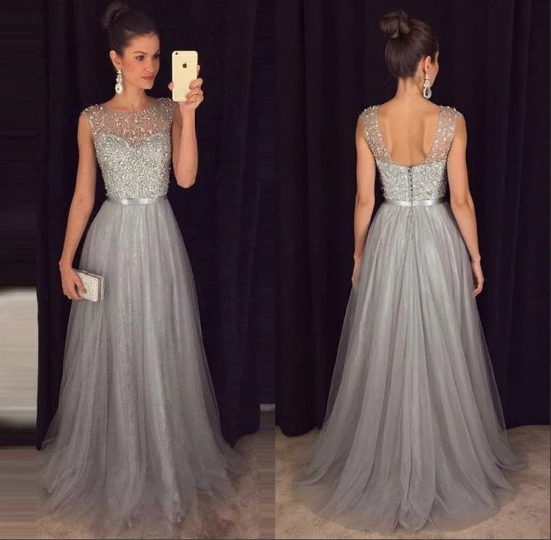 Sparkly A Line Scoop Open Back Grey Beaded Long Prom Dress PG732-Pgmdress