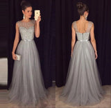 Sparkly A Line Scoop Open Back Grey Beaded Long Prom Dress PG732-Pgmdress