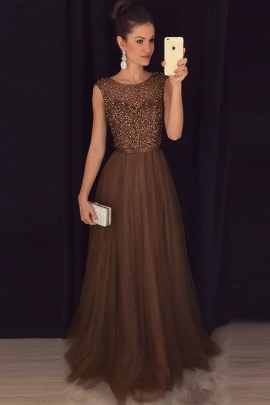 Sparkly A Line Scoop Open Back Grey Beaded Long Prom Dress PG732-Pgmdress