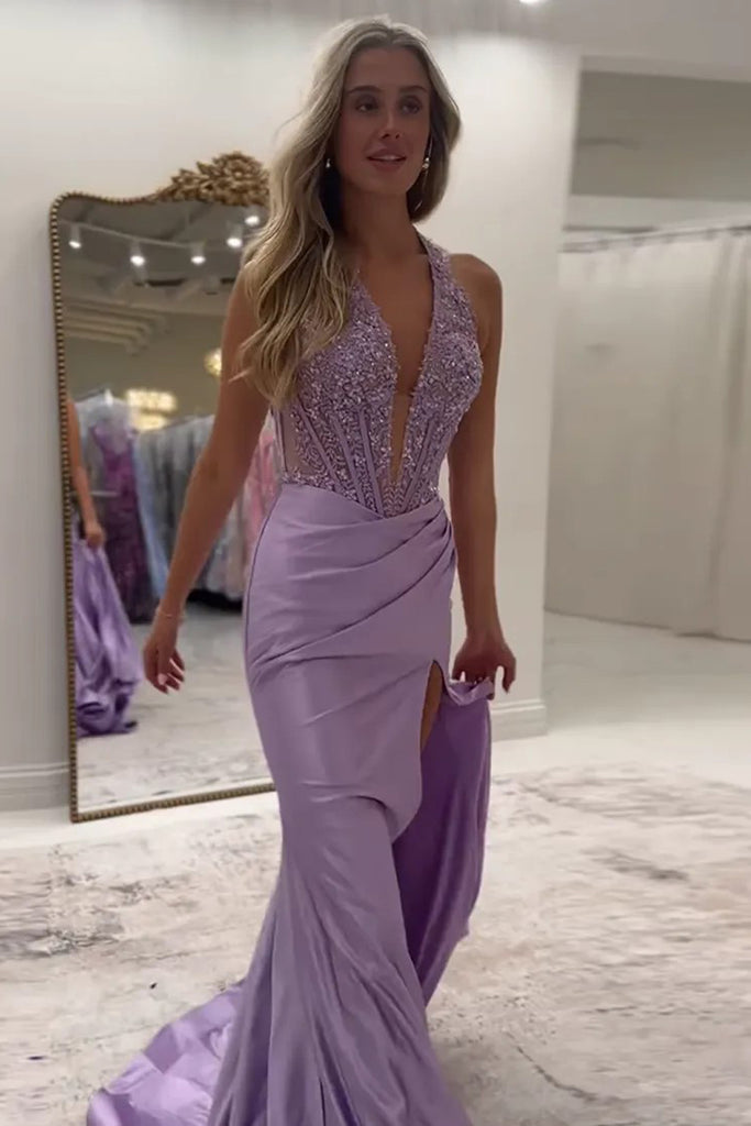 Sparkly Mermaid Halter V-Neck Royal Blue Long Prom Dress PSK667-Pgmdress