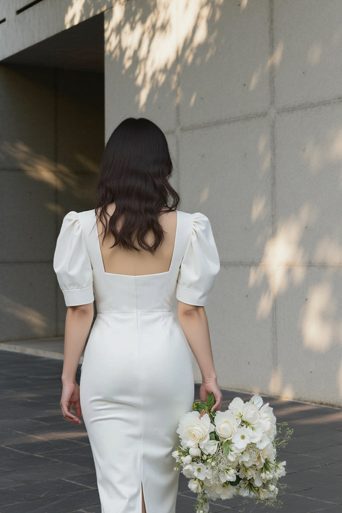 Square Neck Bodycon Engagement Dress Short Wedding Dress with Sleeves US18 / White Square Neck Bodycon Engagement Dress Short Wedding Dress with Sleeves US18 / White