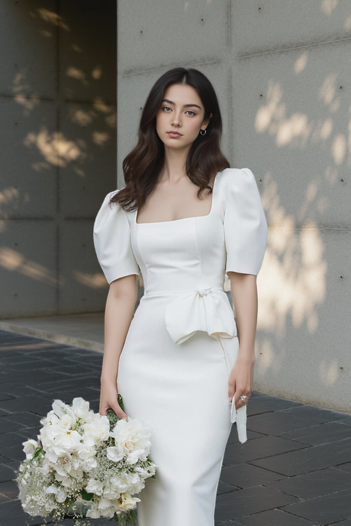 Square Neck Bodycon Engagement Dress Short Wedding Dress with Sleeves US18 / White Square Neck Bodycon Engagement Dress Short Wedding Dress with Sleeves US18 / White