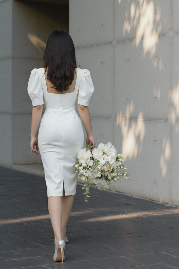 Square Neck Bodycon Engagement Dress Short Wedding Dress with Sleeves US18 / White Square Neck Bodycon Engagement Dress Short Wedding Dress with Sleeves US18 / White