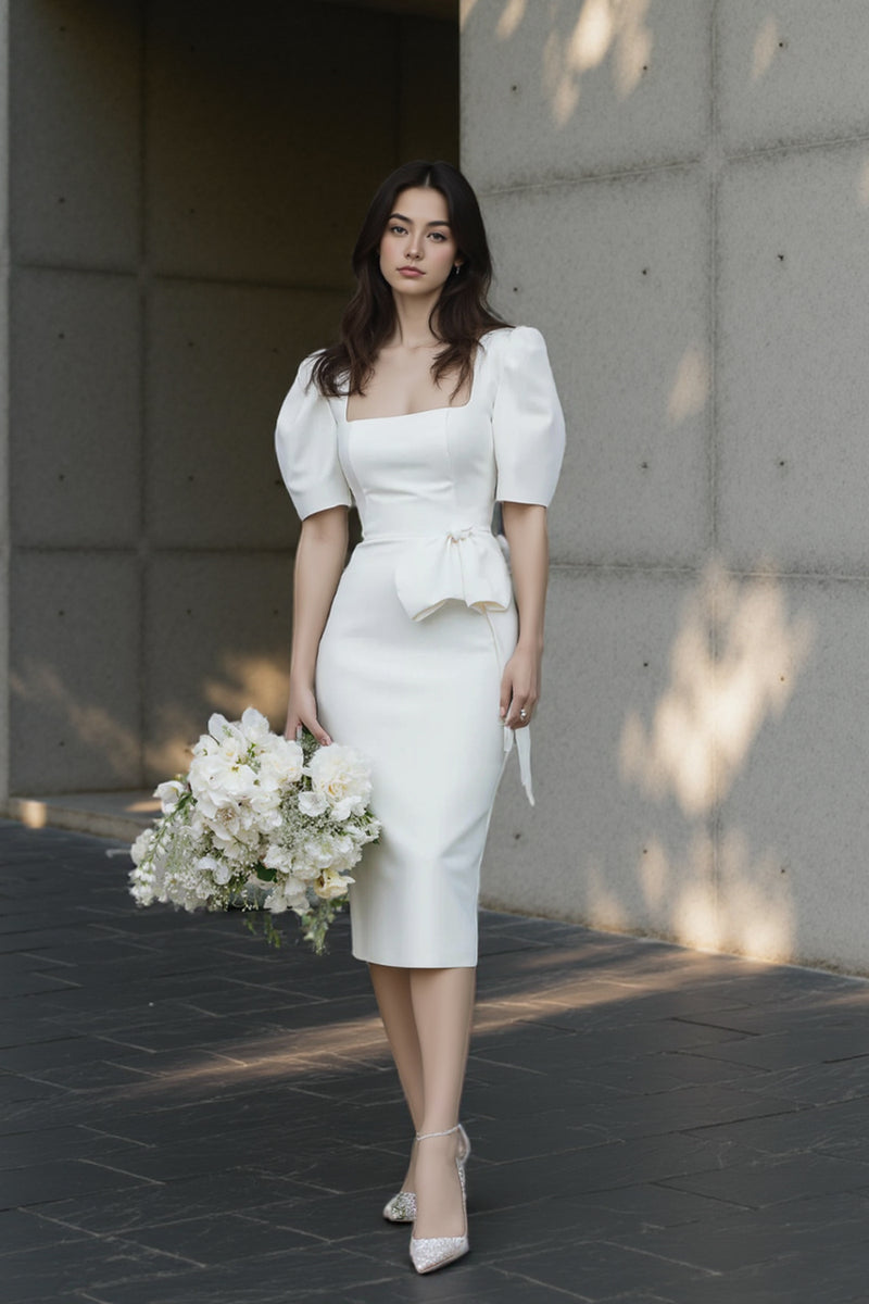 Square Neck Bodycon Engagement Dress Short Wedding Dress with Sleeves-Pgmdress