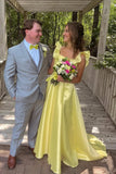 Square Neck Ruffled Straps Sleeveless Yellow Satin Long Prom Dress-Pgmdress