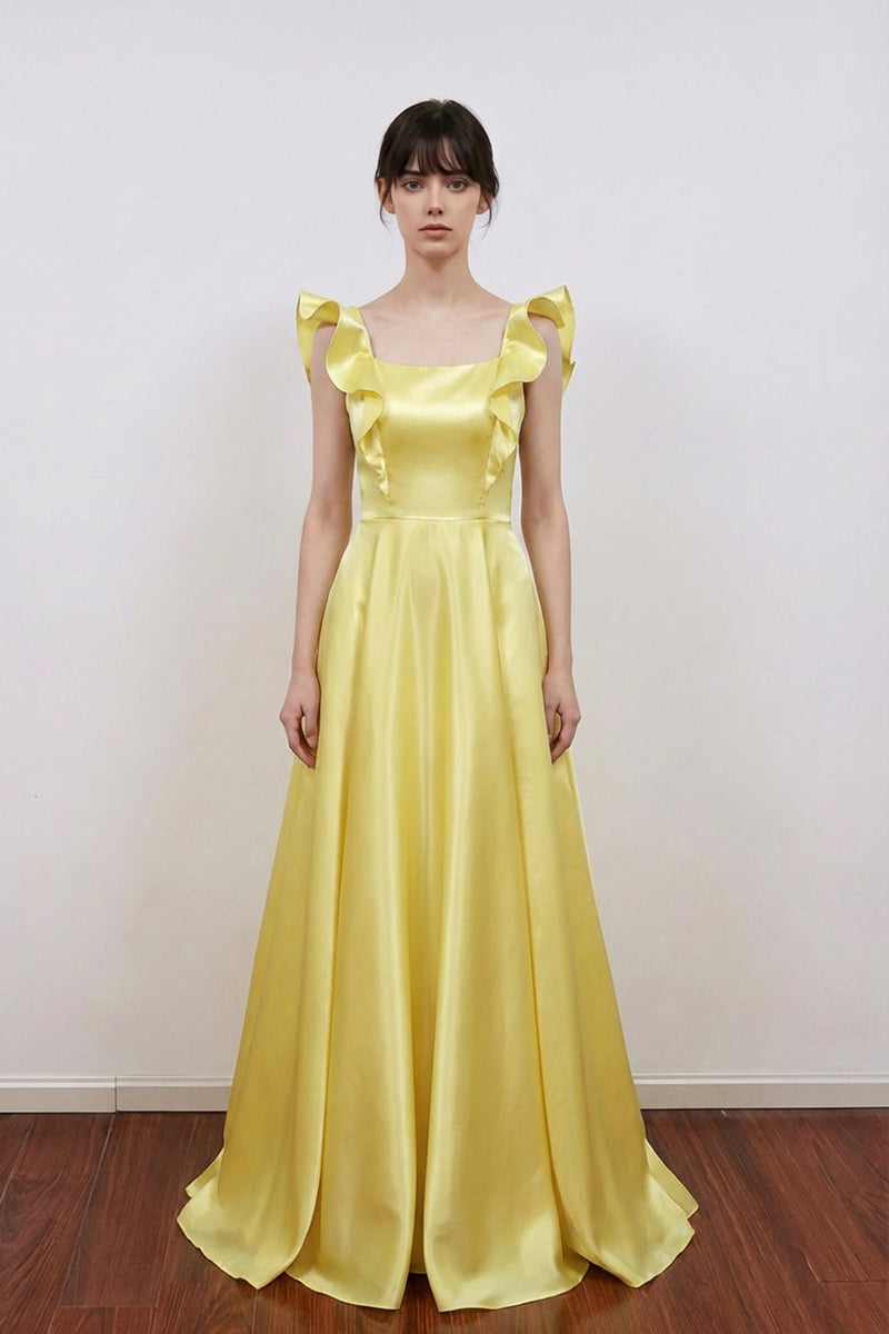 Square Neck Ruffled Straps Sleeveless Yellow Satin Long Prom Dress