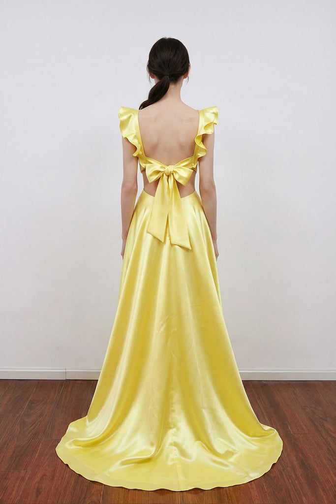 Square Neck Ruffled Straps Sleeveless Yellow Satin Long Prom Dress US8 / Yellow Square Neck Ruffled Straps Sleeveless Yellow Satin Long Prom Dress US8 / Yellow