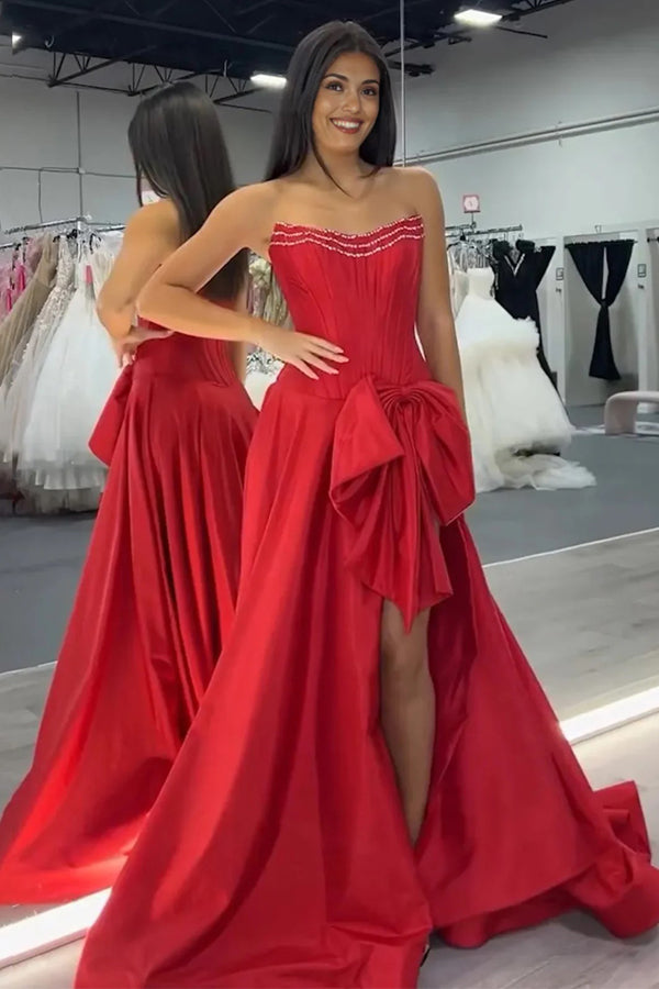 Strapless A-Line Satin Long Corset Red Prom Dress with Bow PSK656-Pgmdress