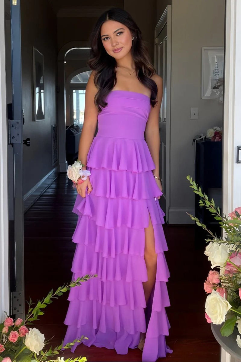 Strapless A Line Chiffon Purple Prom Dress Party Dress With Ruffles-Pgmdress