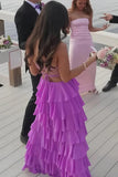 Strapless A Line Chiffon Purple Prom Dress Party Dress With Ruffles-Pgmdress
