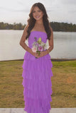 Strapless A Line Chiffon Purple Prom Dress Party Dress With Ruffles-Pgmdress