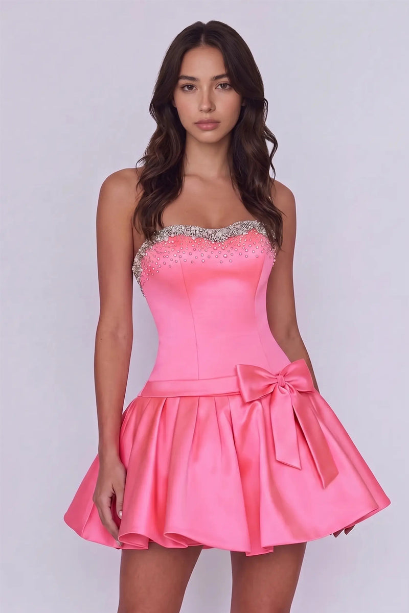 Strapless Beaded Hot Pink Homecoming Dress Party Dress with Bow-Pgmdress