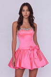 Strapless Beaded Hot Pink Homecoming Dress Party Dress with Bow-Pgmdress