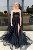 Strapless Black Tulle Long Prom Dresses with Split PSK544