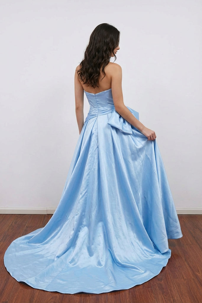 Strapless Blue Satin Long Prom Dress Formal Dress With Bow Pgmdress Strapless Blue Satin Long Prom Dress Formal Dress With Bow Pgmdress