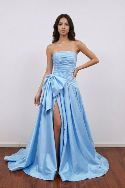 blue strapless prom dress Satin Long Formal Dress With Bow US0 / Blue Fancy Dress Mermaid Party Where to Wear ideal Ball gown Length:62 INFL Pressley