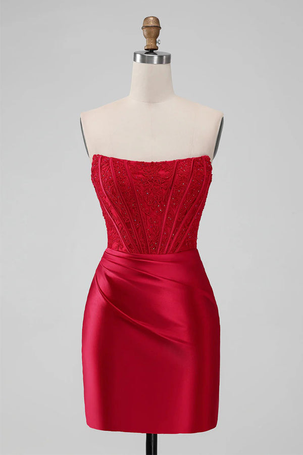 Strapless Bodycon Homecoming Dress Red Short Prom Dress PD505-Pgmdress