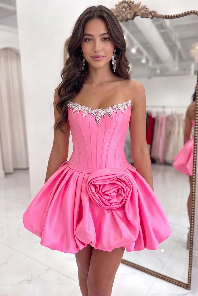 Strapless Corset Beaded Pink Short Homecoming Dress with 3D Flower US2 / Custom Color