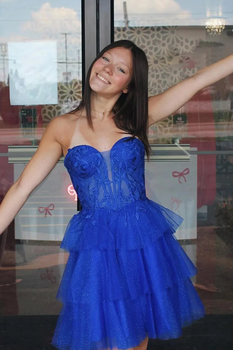 Strapless Corset Royal Blue Short Homecoming Dress with Ruffles-Pgmdress