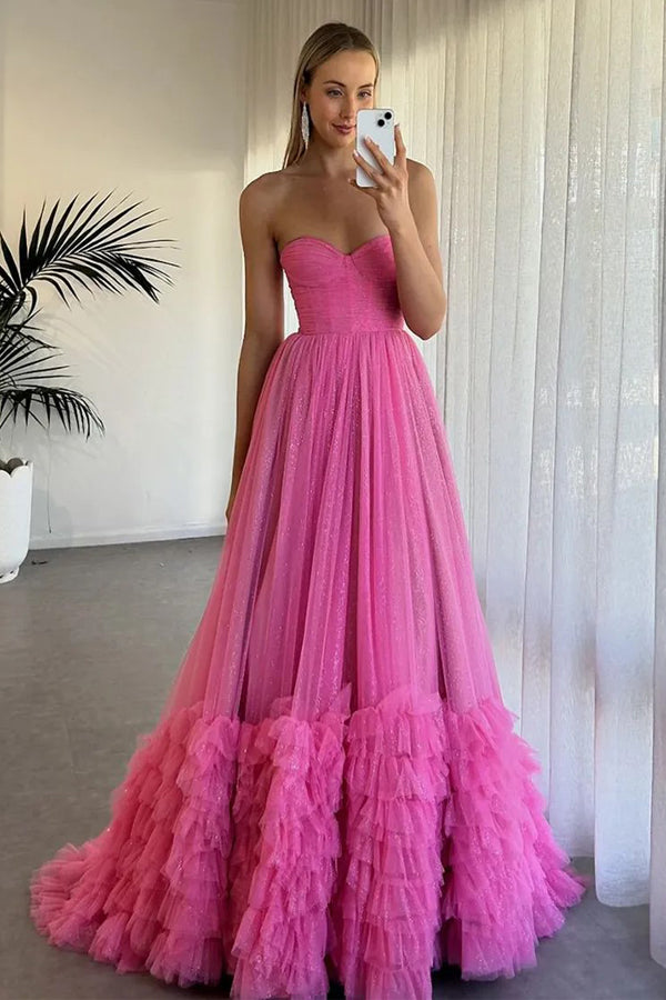 Strapless Corset Ruffles Tulle Fuchsia Long Prom Dress PSK580-Pgmdress