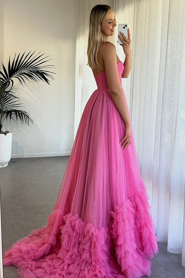 Strapless Corset Ruffles Tulle Fuchsia Long Prom Dress PSK580-Pgmdress