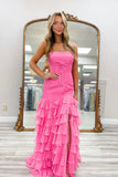 Strapless Empire Bow Tiered Chiffon Long Prom Dress With Slit-Pgmdress