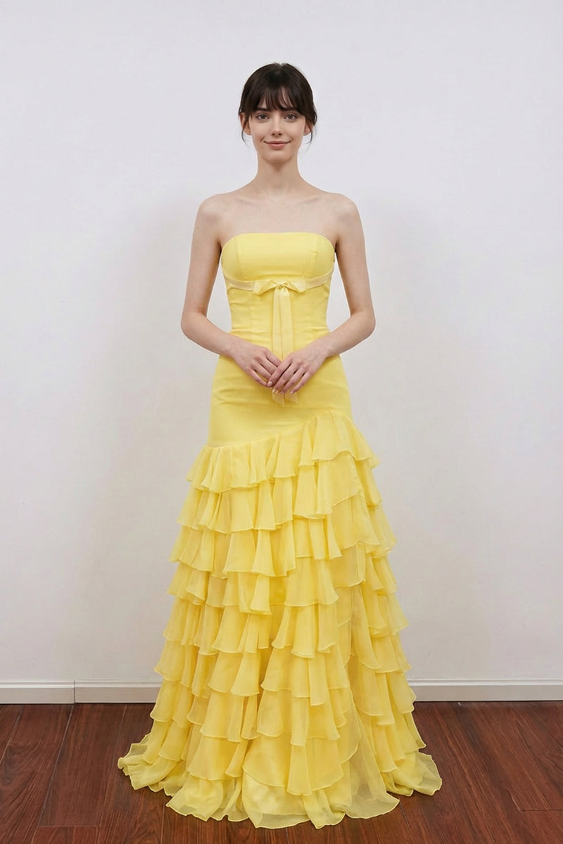 Strapless Empire Bow Tiered Chiffon Long Prom Dress With Slit-Pgmdress