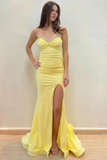 Strapless Mermaid Pleats High Slit Sleeveless Yellow Prom Dress