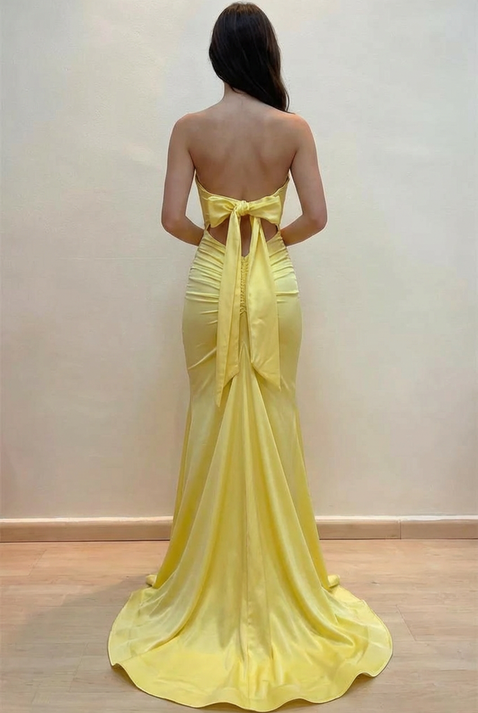 Strapless Mermaid Pleats High Slit Sleeveless Yellow Prom Dress US2 / Yellow Strapless Mermaid Pleats High Slit Sleeveless Yellow Prom Dress US2 / Yellow