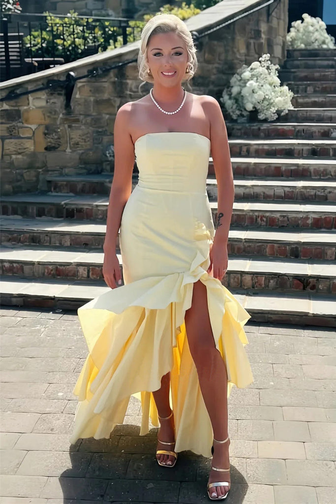 Strapless Mermaid Ruffle Yellow Prom Dress Formal Gown with Slit Pgmdress Strapless Mermaid Ruffle Yellow Prom Dress Formal Gown with Slit Pgmdress