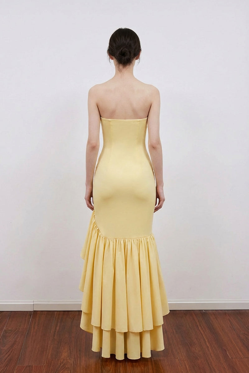 Strapless Mermaid Ruffle Yellow Prom Dress Formal Gown with Slit-Pgmdress