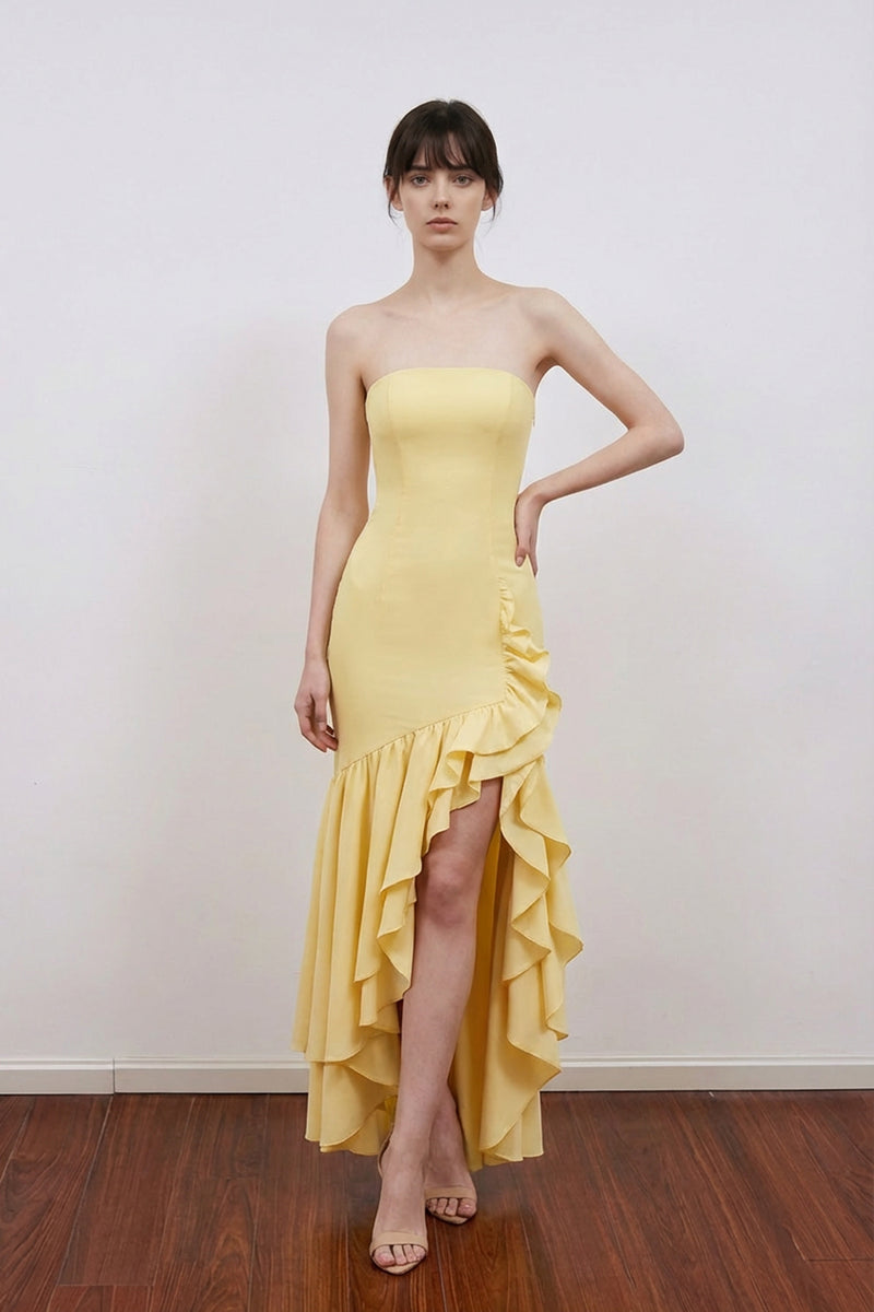 Strapless Mermaid Ruffle Yellow Prom Dress Formal Gown with Slit-Pgmdress