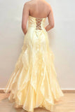 Strapless Organza Layered Ruffles Yellow Corset Long Prom Dress-Pgmdress