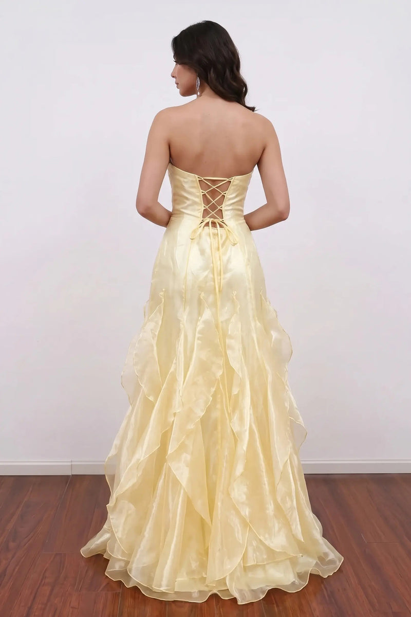 Strapless Organza Layered Ruffles Yellow Corset Long Prom Dress-Pgmdress